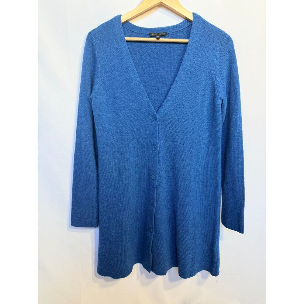 Eileen Fisher Blue Wool Cashmere Blend Long Cardigan Sweater Size S